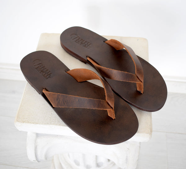 Flip flop Greek Leather sandals slipers Men, Thongs brown Color, leather  sole insole