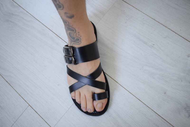 Leather sandals - slipers Men, Thongs BLACK Color, leather sole - insole