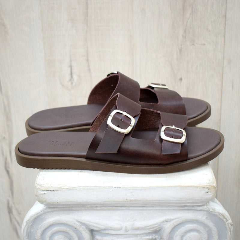 Men's Leather Slide Sandals – Handmade Black Buckle Sandals