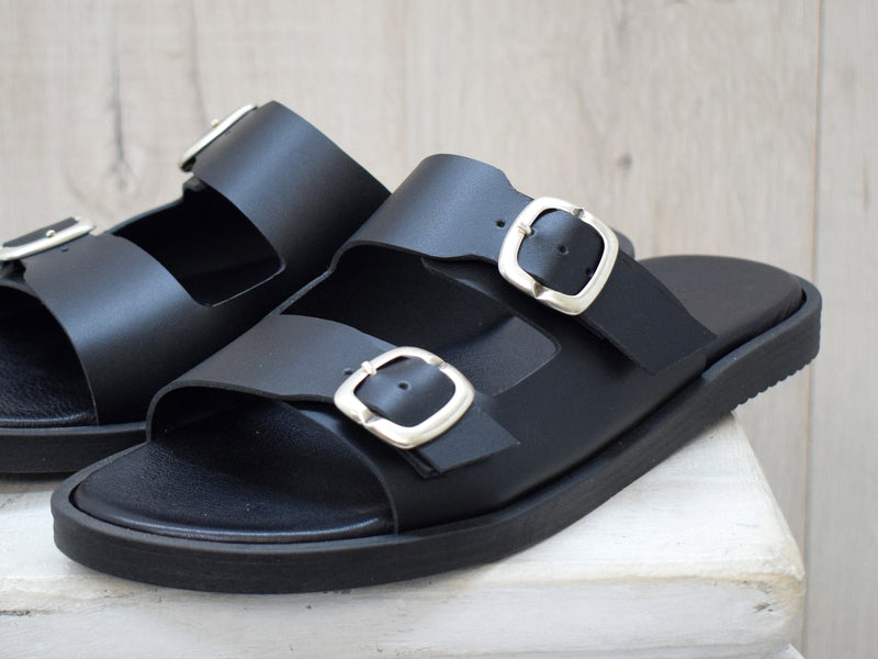 Men's Leather Slide Sandals – Handmade Black Buckle Sandals