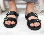 Men's Leather Slide Sandals – Handmade Black Buckle Sandals