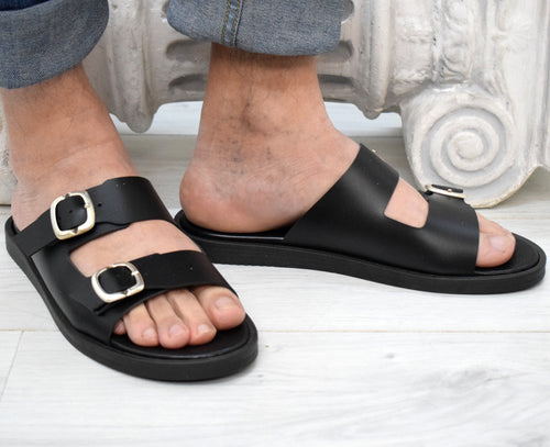 Men's Leather Slide Sandals – Handmade Black Buckle Sandals