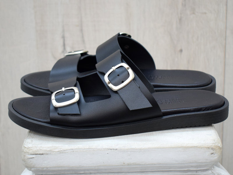 Men's Leather Slide Sandals – Handmade Black Buckle Sandals