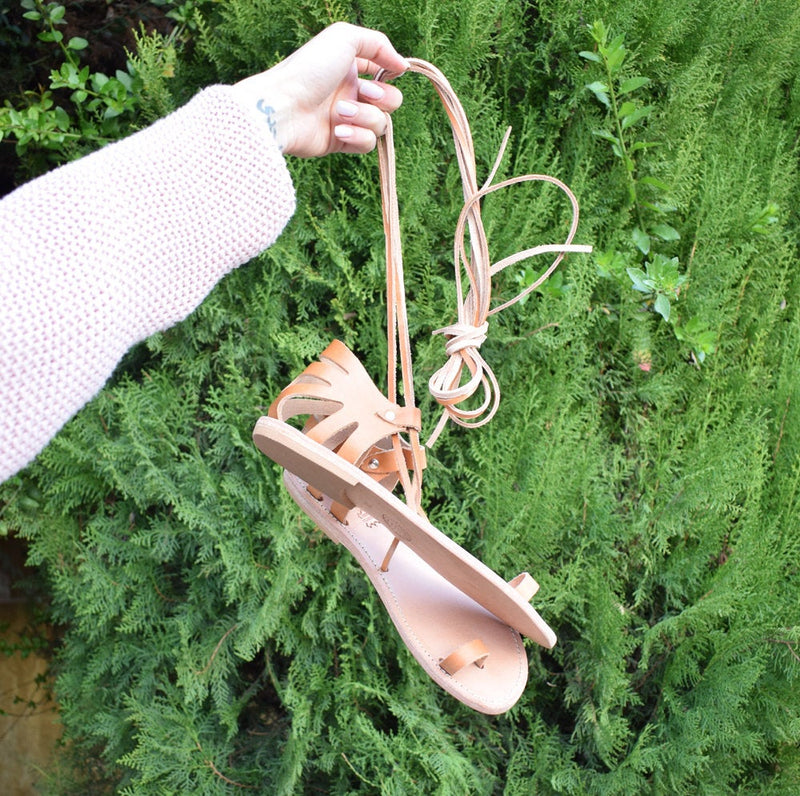 Ancient Greek leather sandals, Tie up Greek sandals, Natural tan sandals, Toe ring sandals, handmade sandals, Flat sandals, SOPHIA sandals