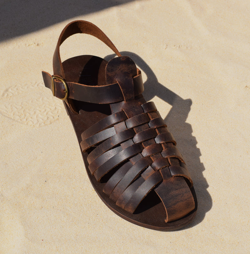 Closed toe Men Handmade greek sandals High Quality Vegetable tanned Genuine Leather Free shipping Gift For Men Color Brown Man Summer Shoes