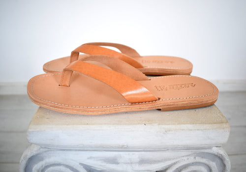 Flip Flop - Thong men Greek Leather sandals, slipers Men, Tan Color, leather sole - insole