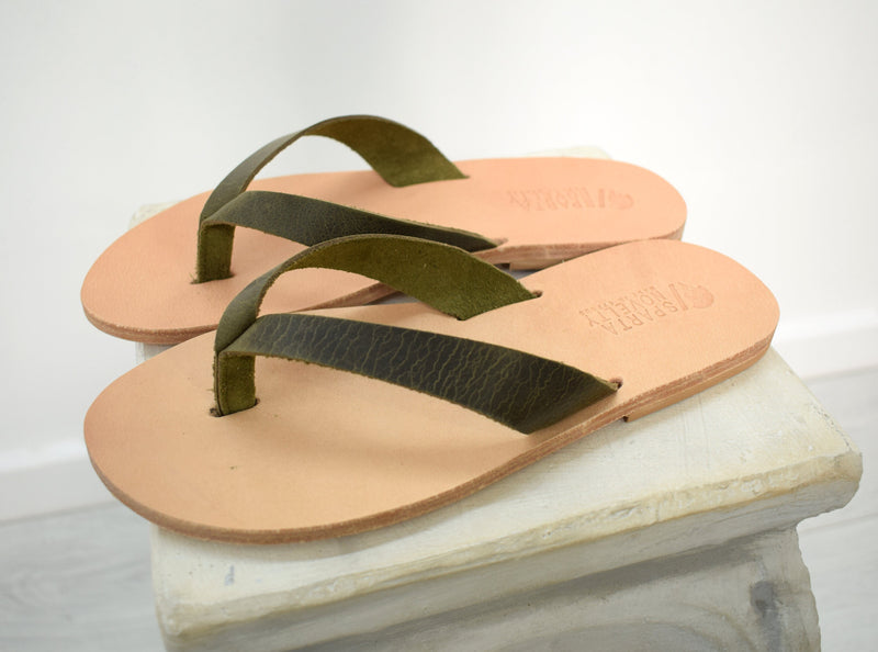 Flip flop Greek Leather sandals - slipers Men, Thongs khaki Color, leather sole - insole