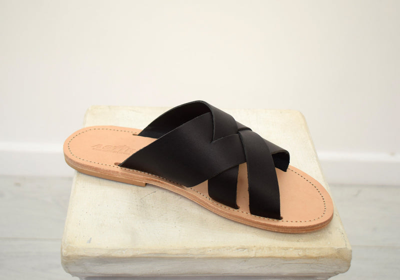 Slides men Greek Leather sandals, slipers Men, Black Color, leather sole - insole