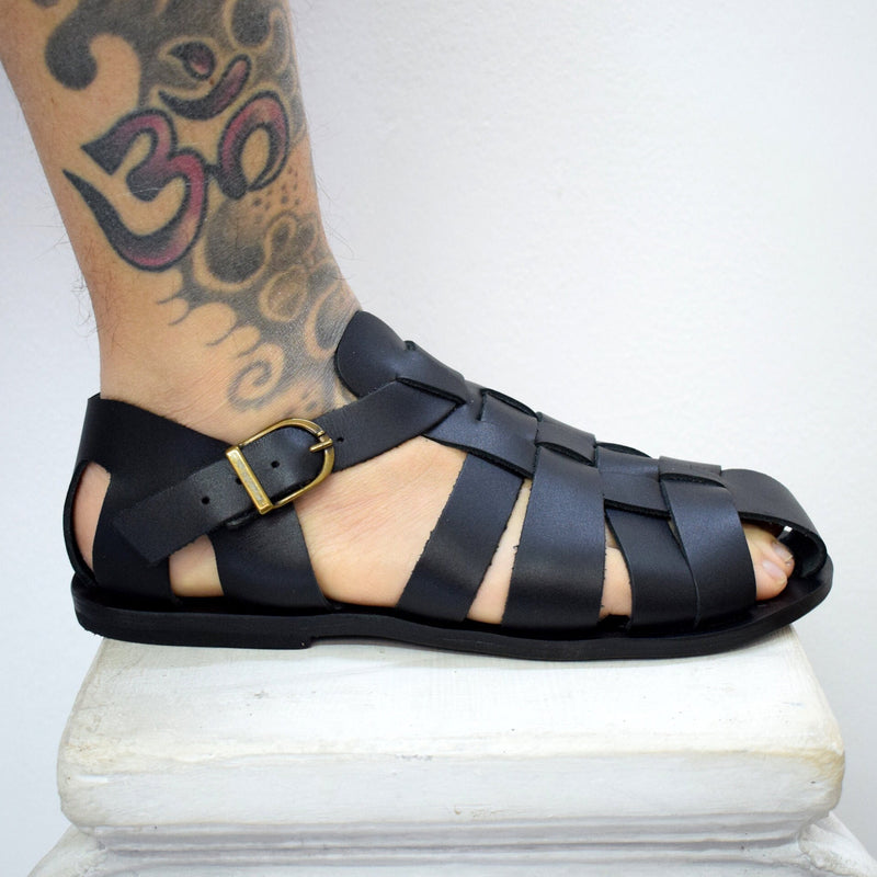Greek Leather Buckle Strap Brown Gladiator Sandals for Men | Emmanuela