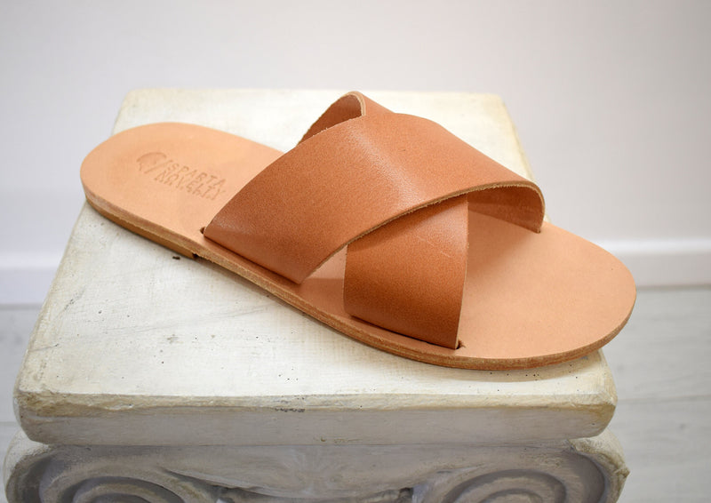 Criss Cross Greek Leather sandals - slipers Men, slide tan/natural, black sandals, leather sole - insole