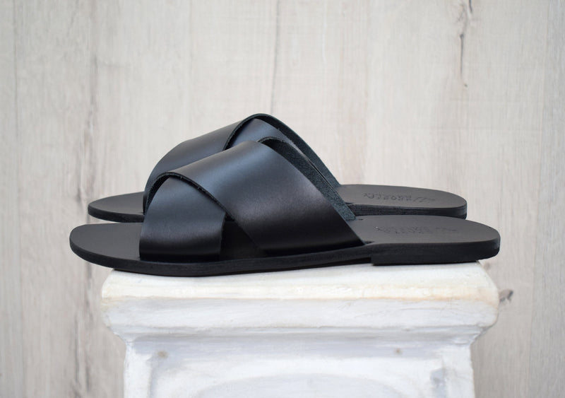 Criss Cross Greek Leather sandals - slipers Men, slide tan/natural, black sandals, leather sole - insole