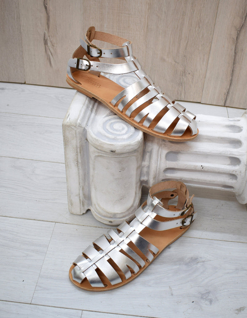 Silver Gladiator Spartan Grecian Huarache Sandals